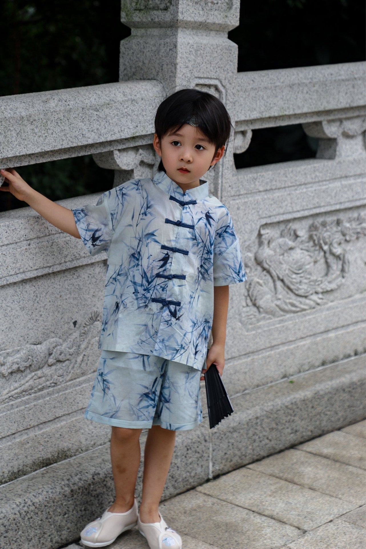 Boys Chinese Ink Bamboo Cheongsam Set (Top & Shorts)