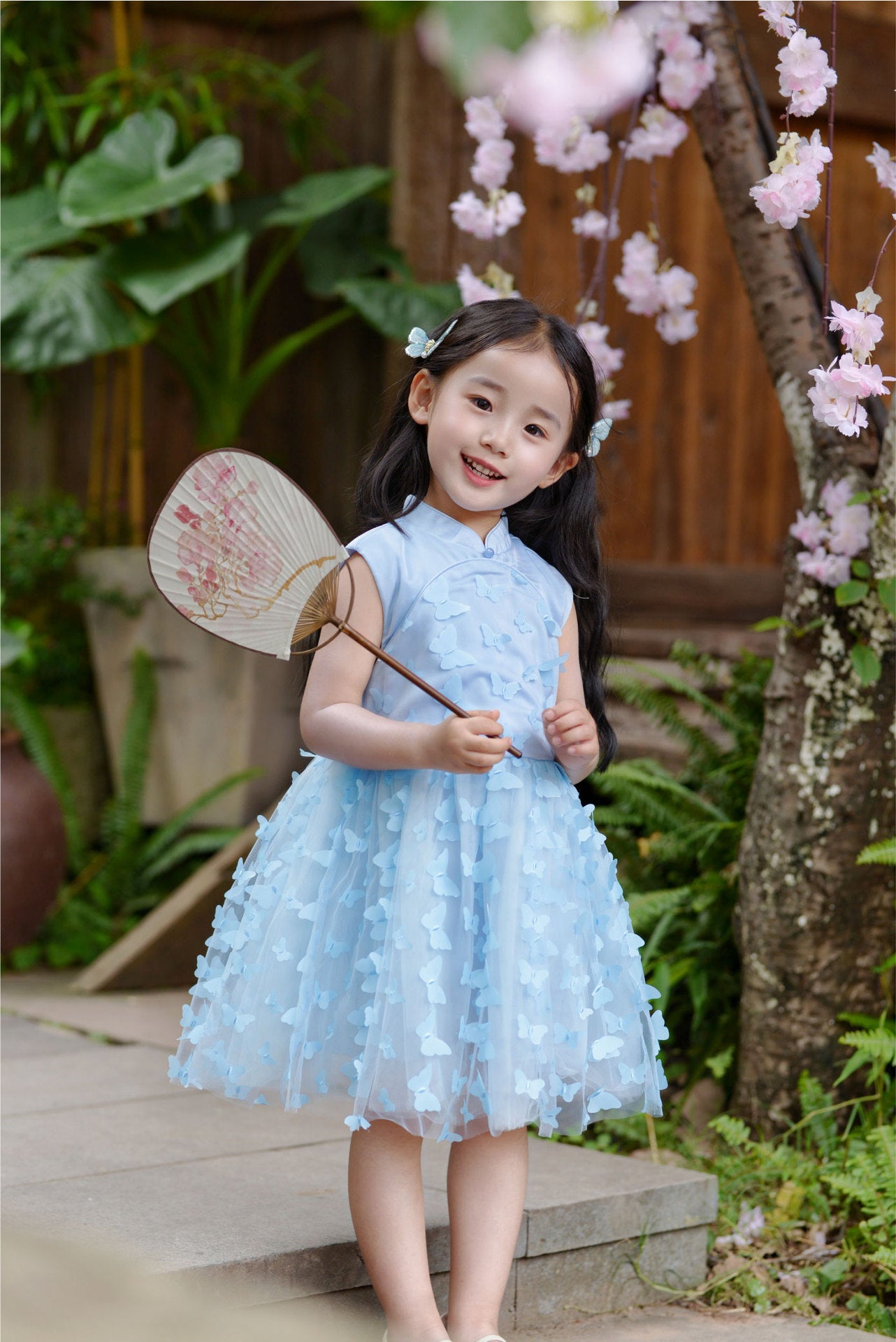 Girls Blue Butterfly Embroidered Cheongsam Dress