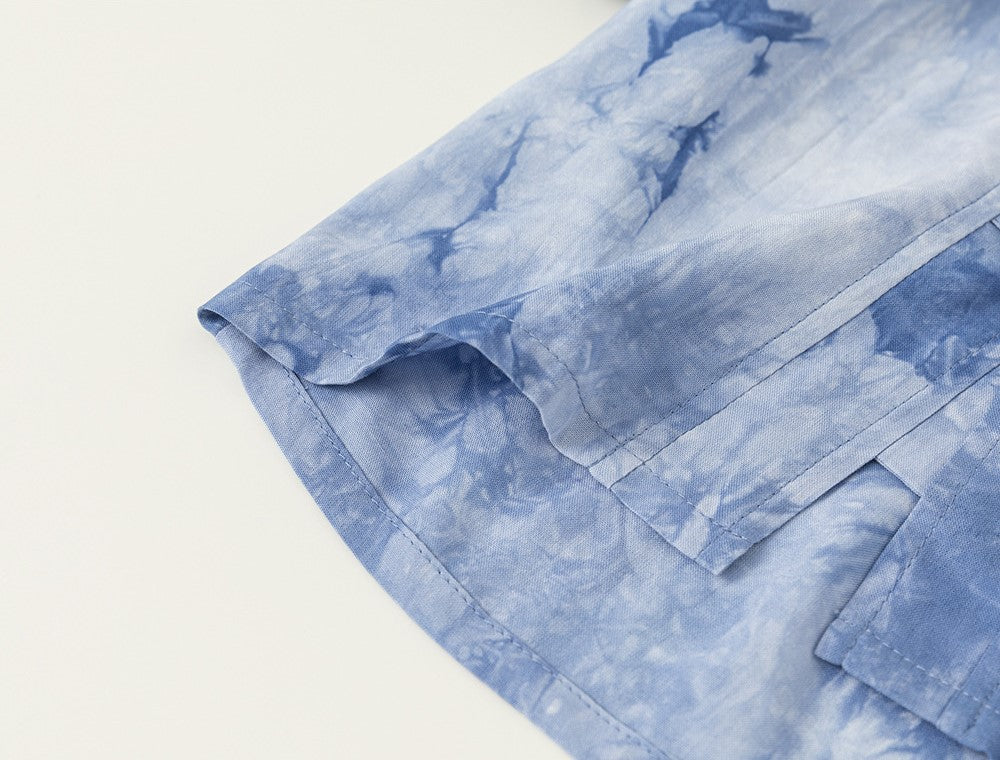 Boys Blue Water Print Cheongsam Set (Top & Shorts)