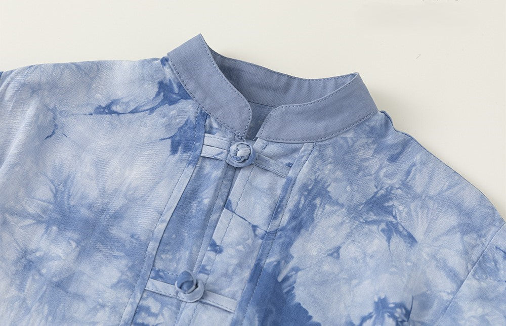 Boys Blue Water Print Cheongsam Set (Top & Shorts)