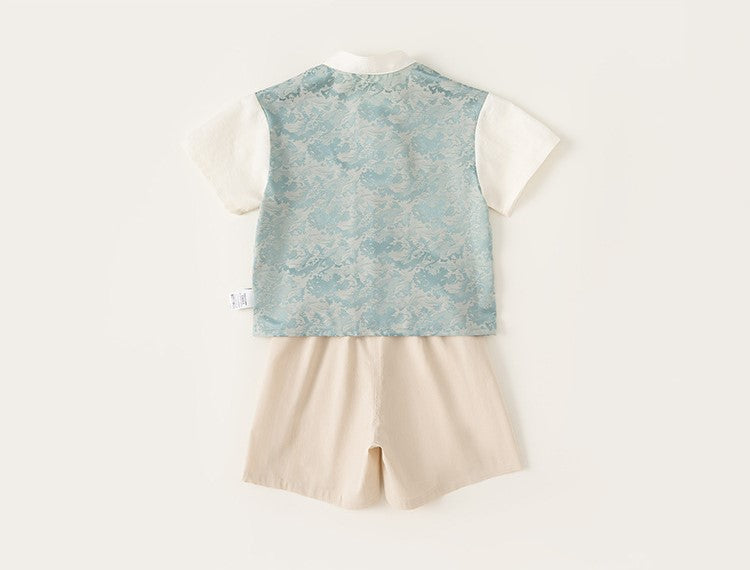 Boys Blue Wave Cheongsam Set (Top & Shorts)