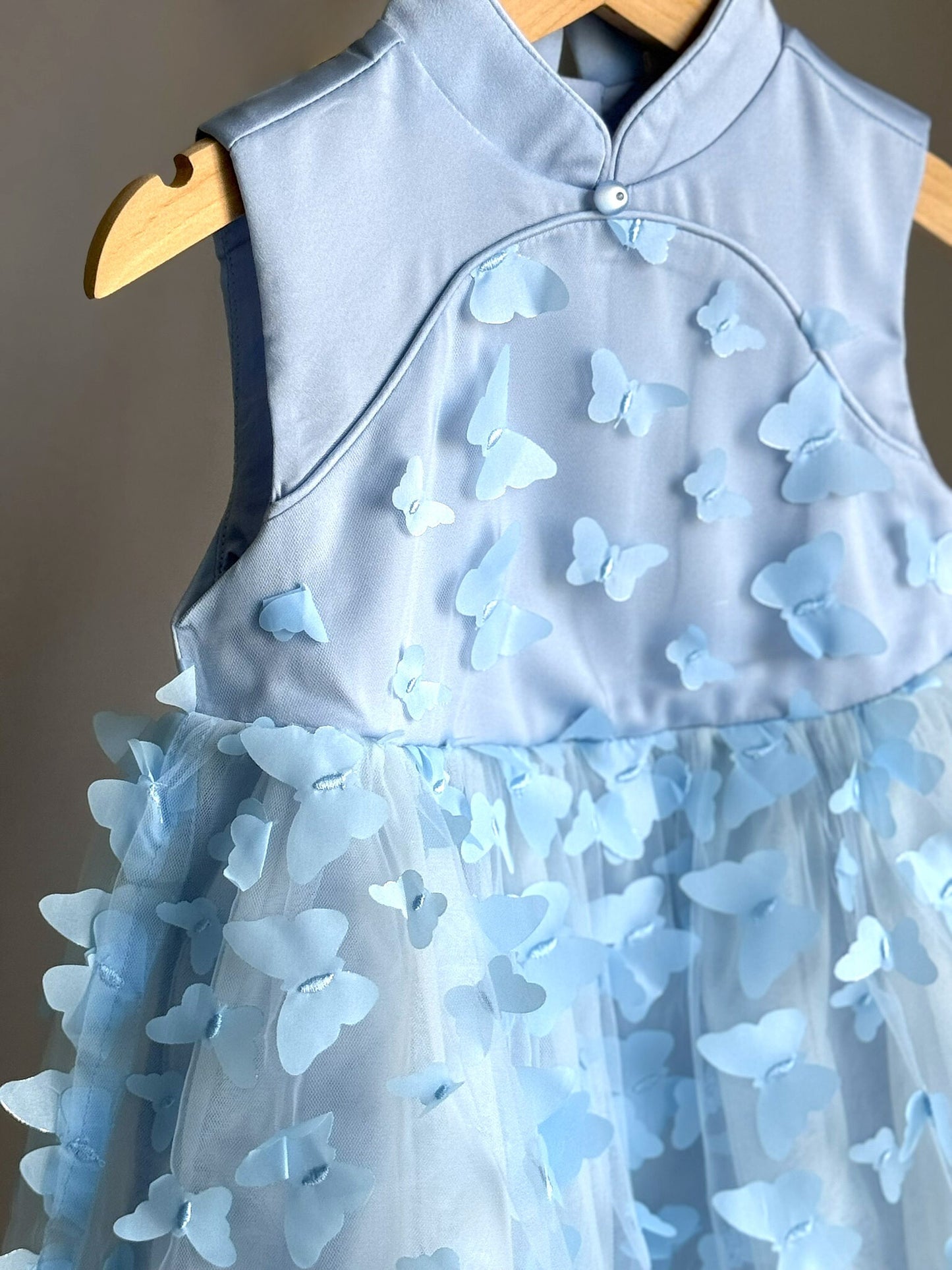 Girls Blue Butterfly Embroidered Cheongsam Dress