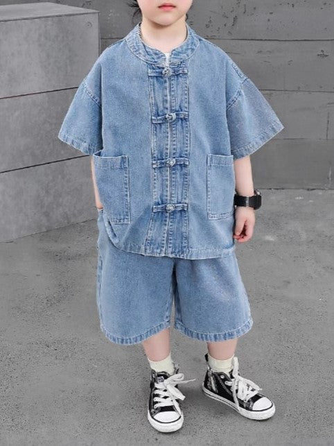 Boys Denim Cheongsam Set (Top & Shorts)