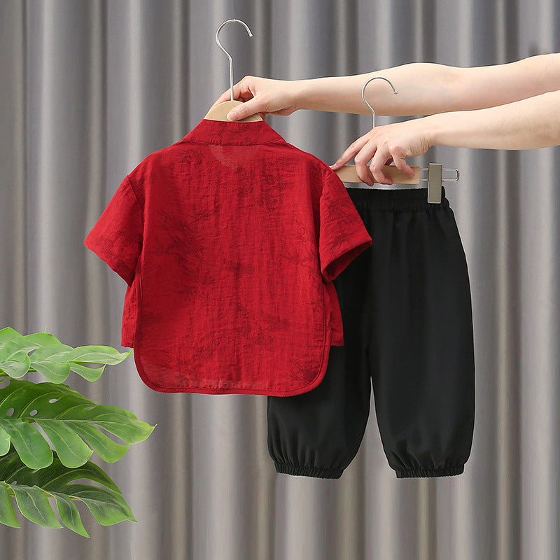 Boys Red Cheongsam Set (Top & Shorts)