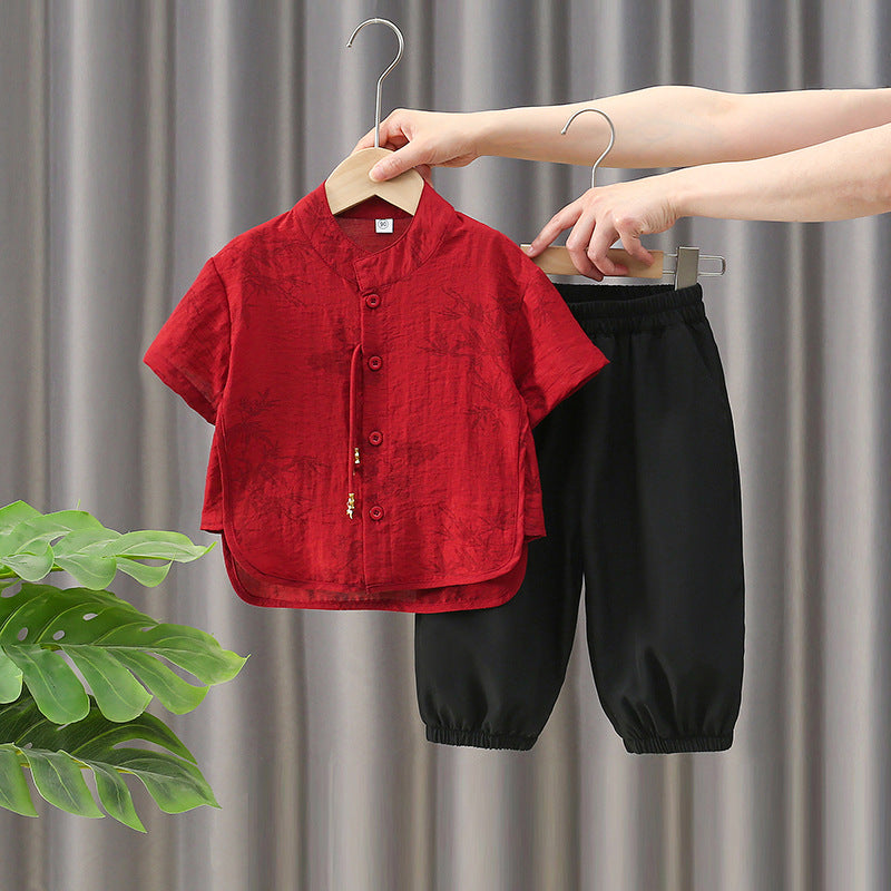 Boys Red Cheongsam Set (Top & Shorts)
