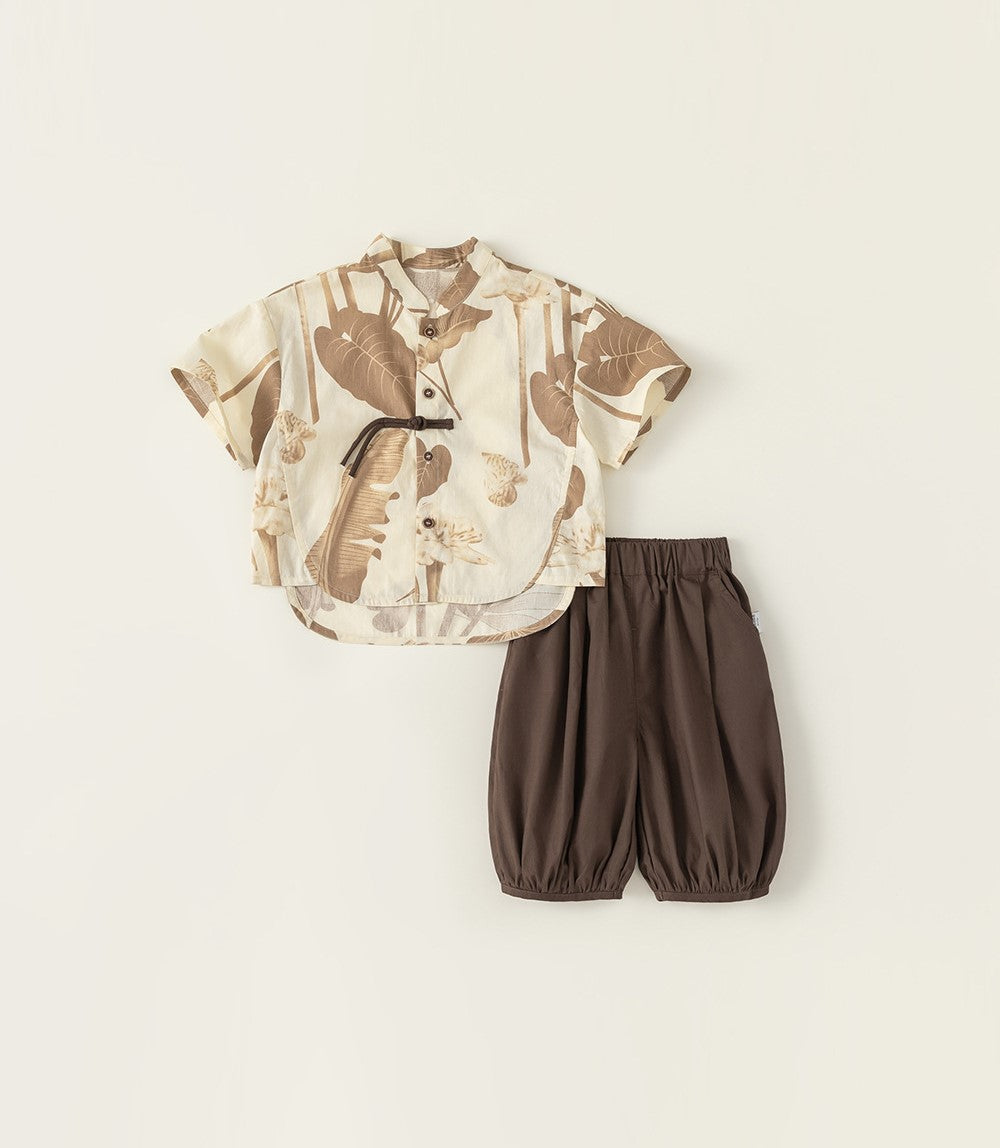 Boys Brown Cheongsam Set (Top & Shorts)