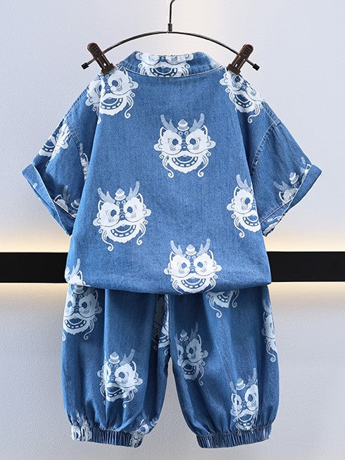Boys Chinese Dragon Denim Cheongsam Set (Top & Shorts)