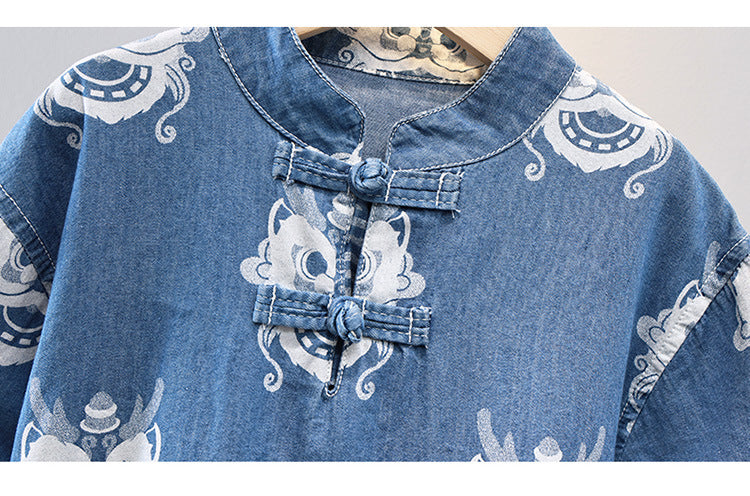 Boys Chinese Dragon Denim Cheongsam Set (Top & Shorts)