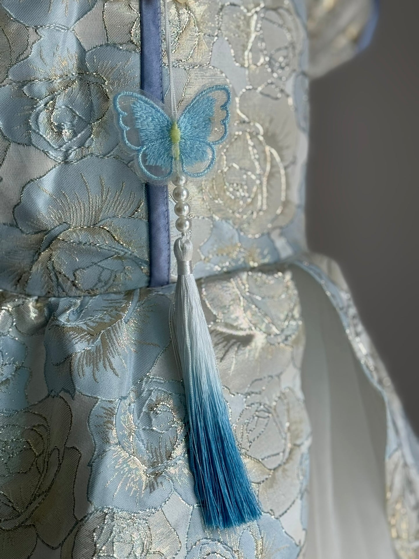 Girls Light Blue Flower Cheongsam Tulle Dress