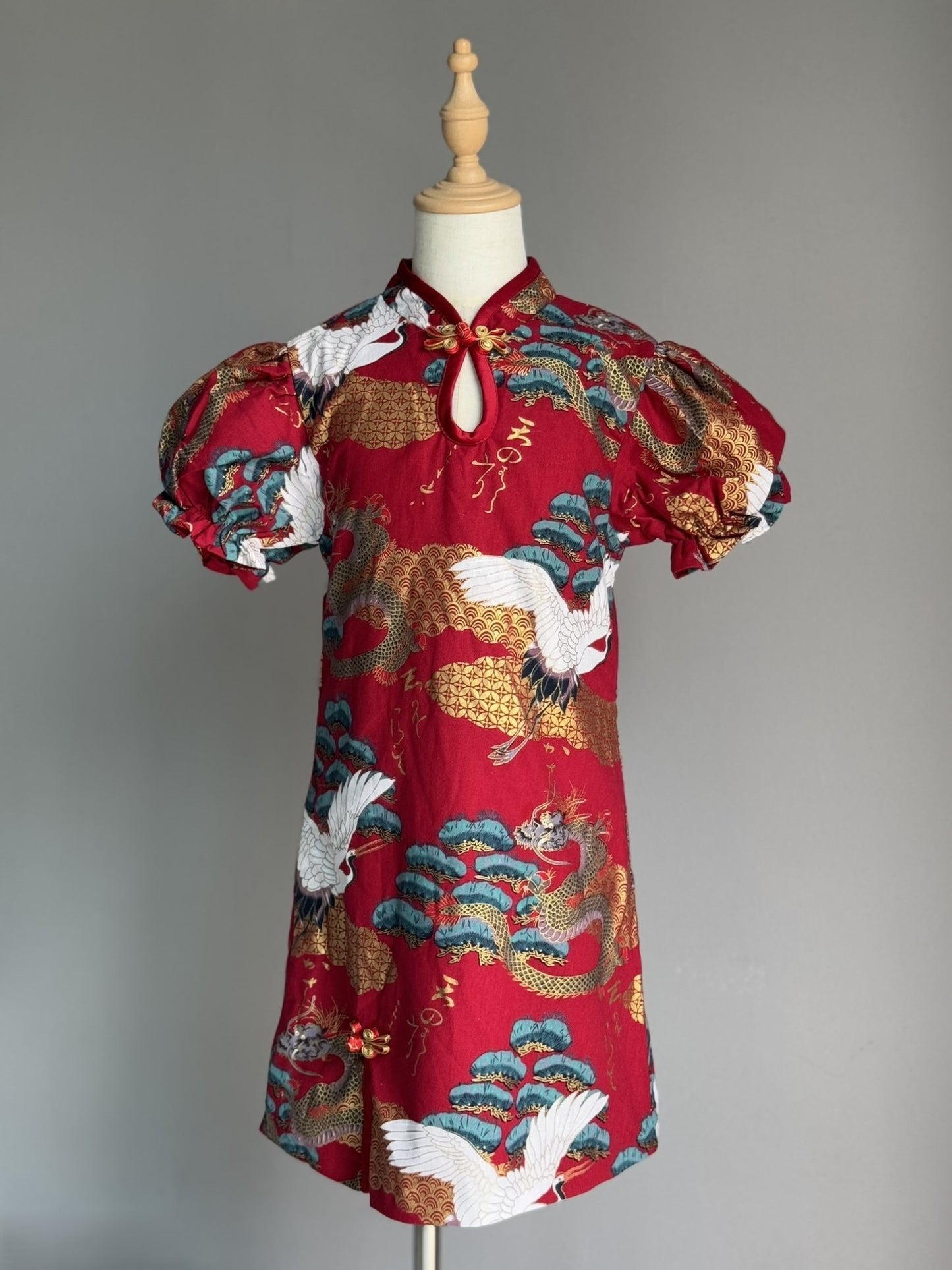 Girls Red Dragon Puffy Sleeve Cheongsam Dress