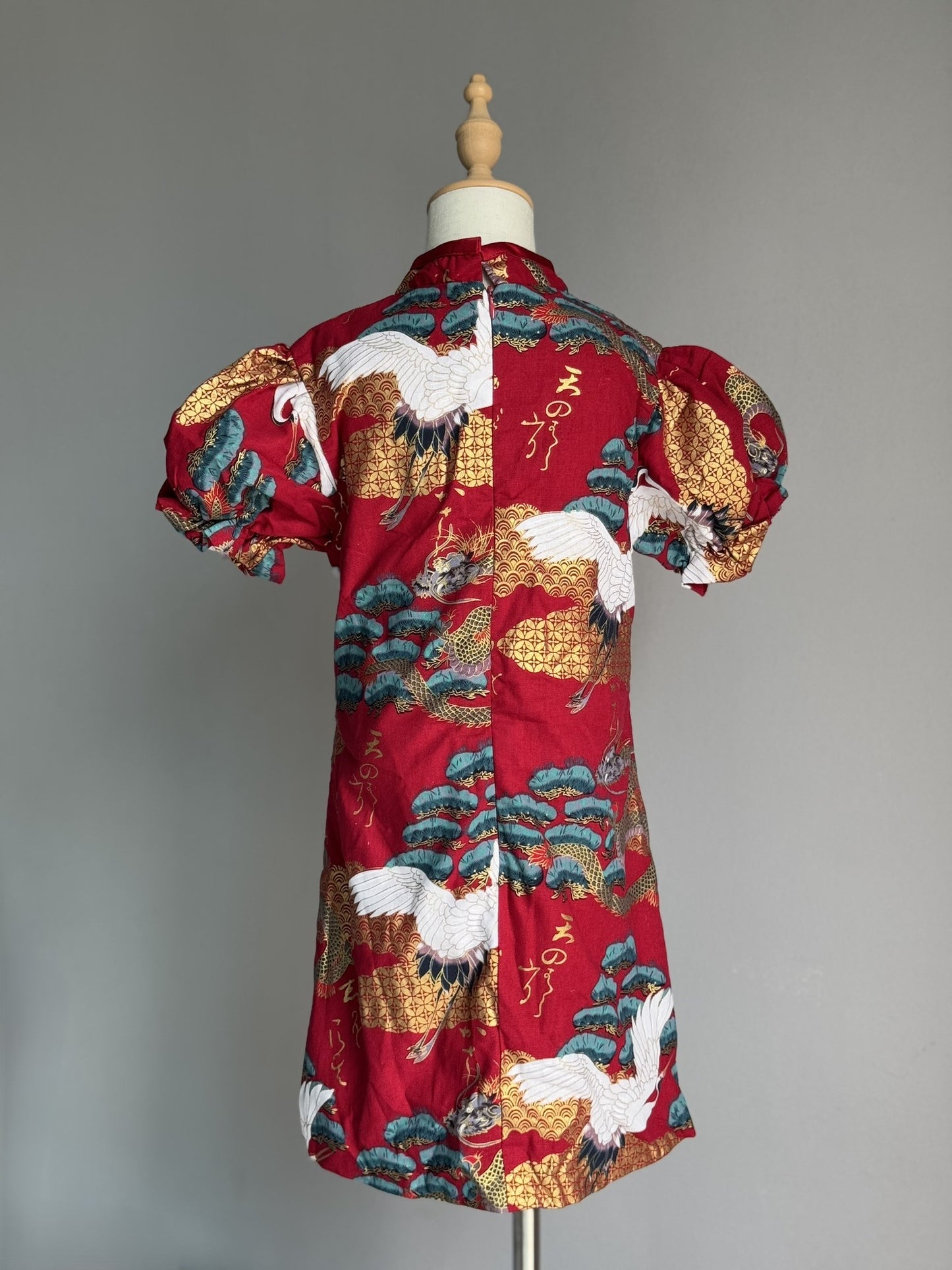 Girls Red Dragon Puffy Sleeve Cheongsam Dress
