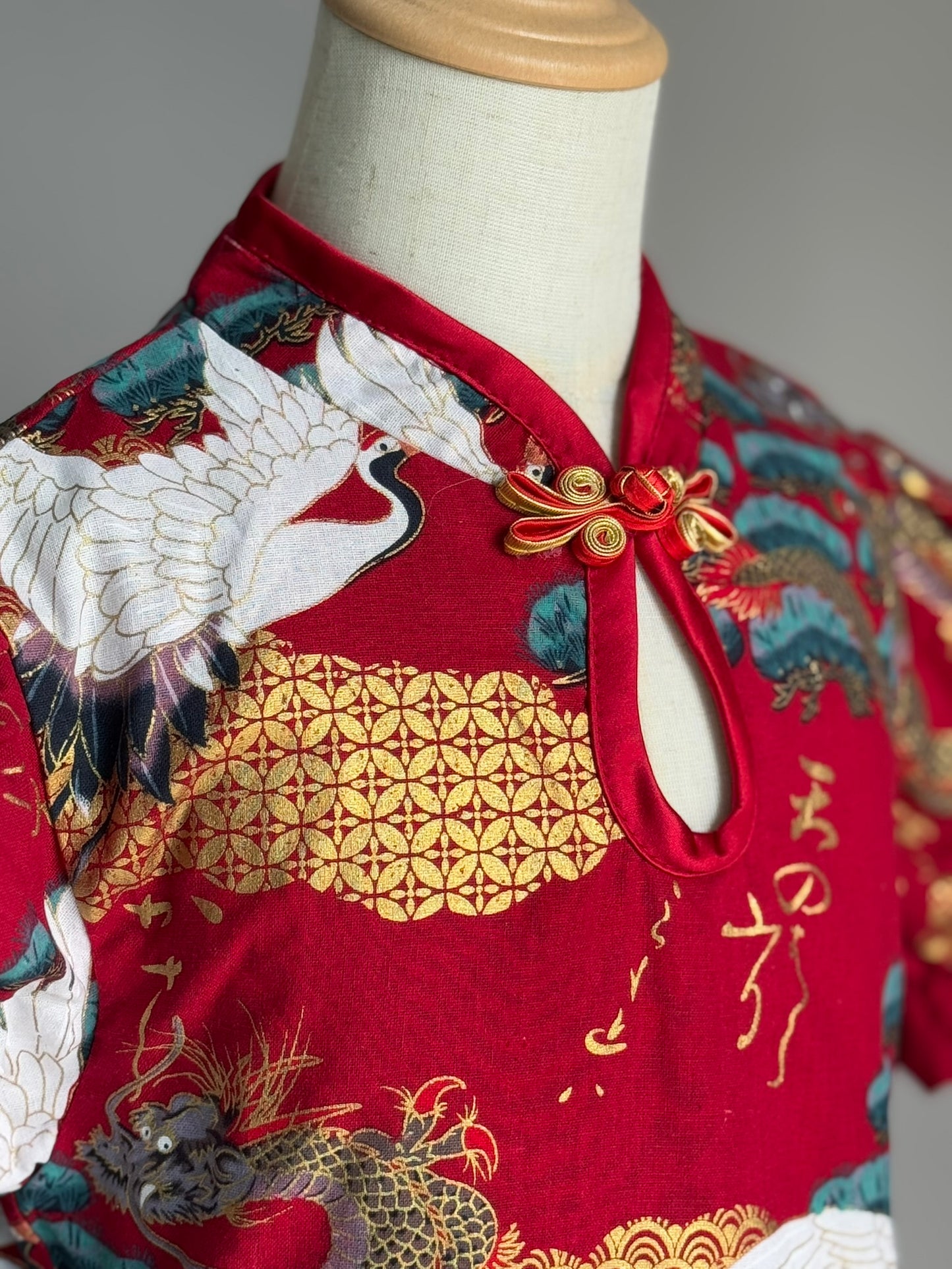 Girls Red Dragon Puffy Sleeve Cheongsam Dress