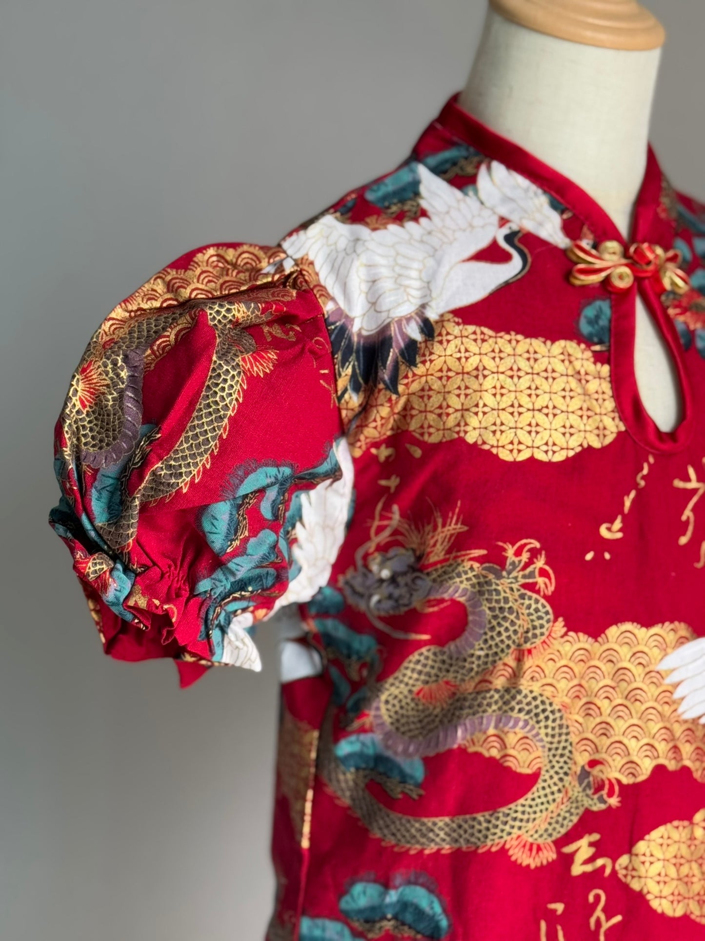 Girls Red Dragon Puffy Sleeve Cheongsam Dress