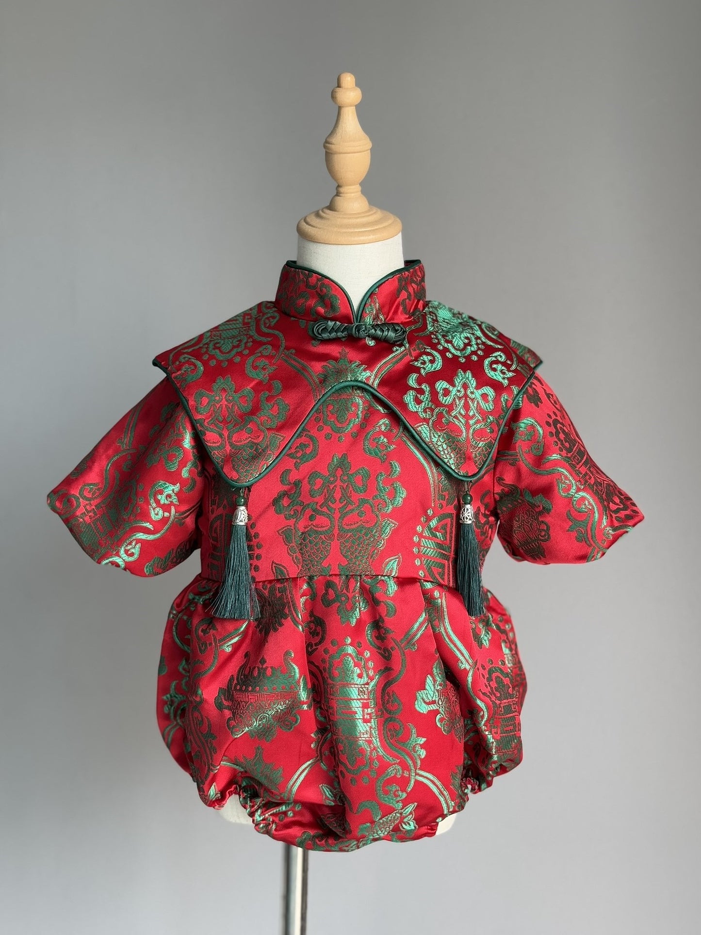 Baby Girl Red & Green Cheongsam Romper with Cape