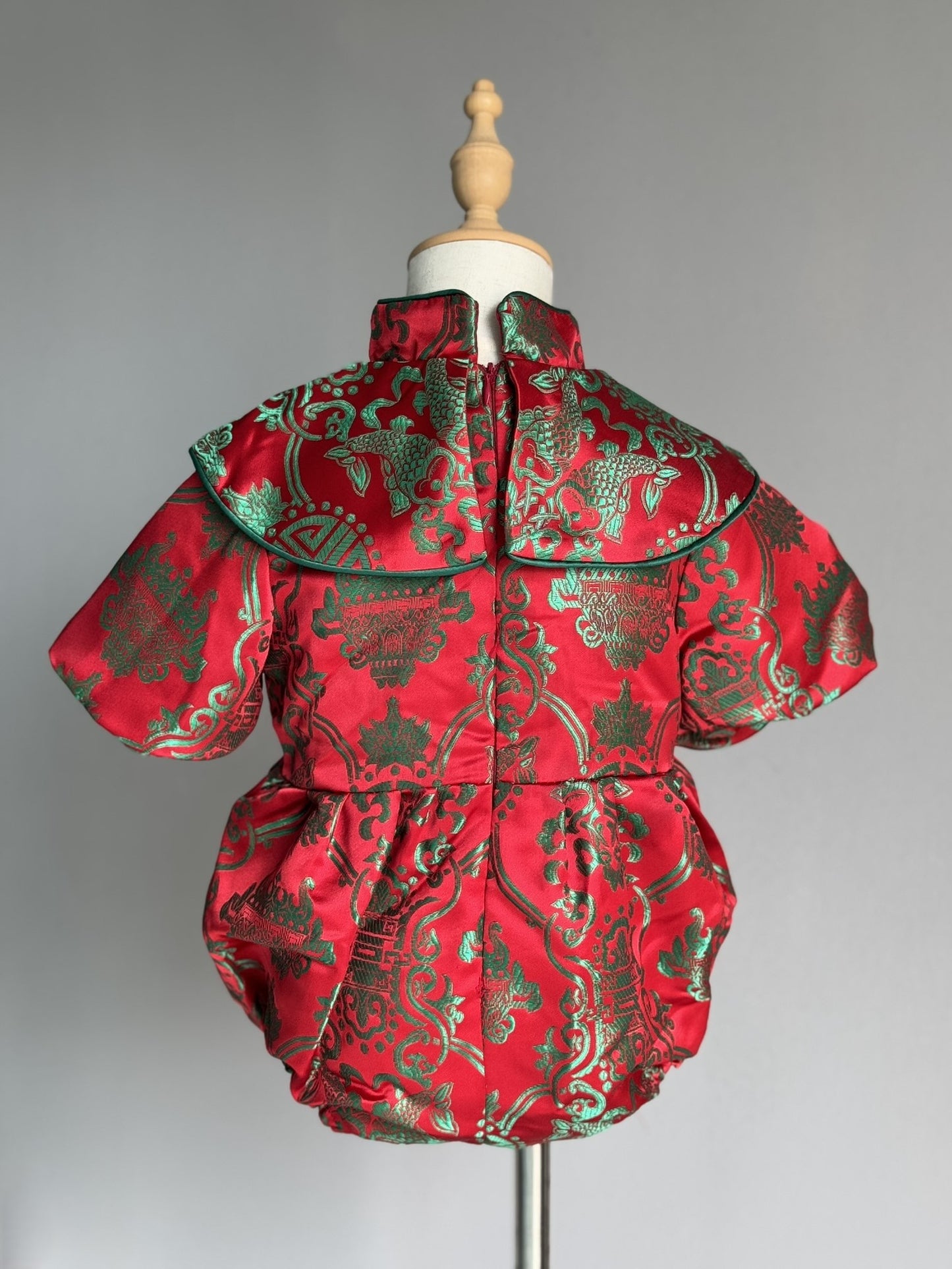 Baby Girl Red & Green Cheongsam Romper with Cape