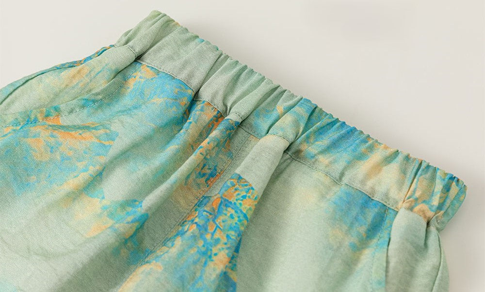 Boys Green Mountain and Water Print Cheongsam Set (Top & Shorts)