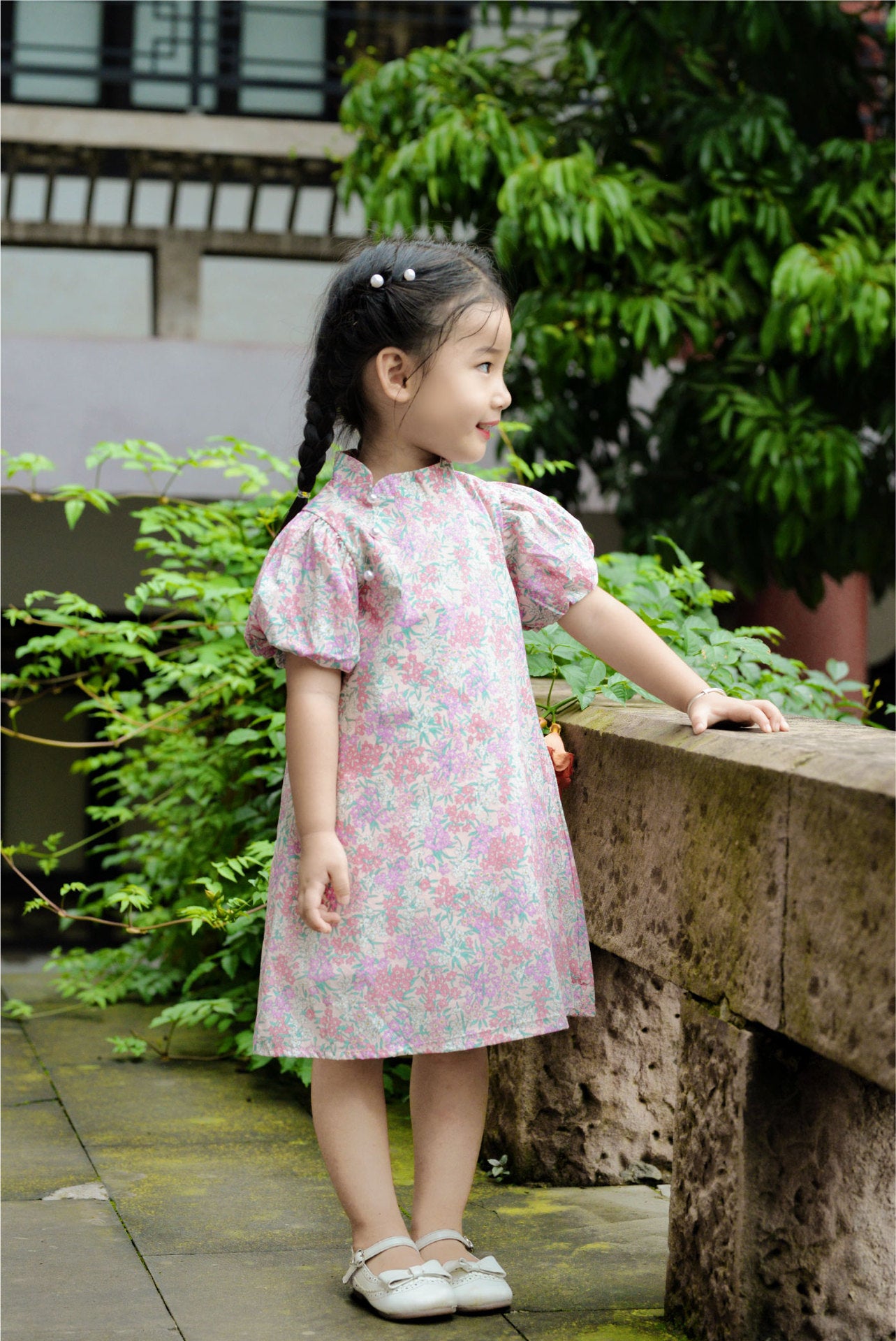Girls Impatiens Pink Puff Sleeve Cheongsam Dress