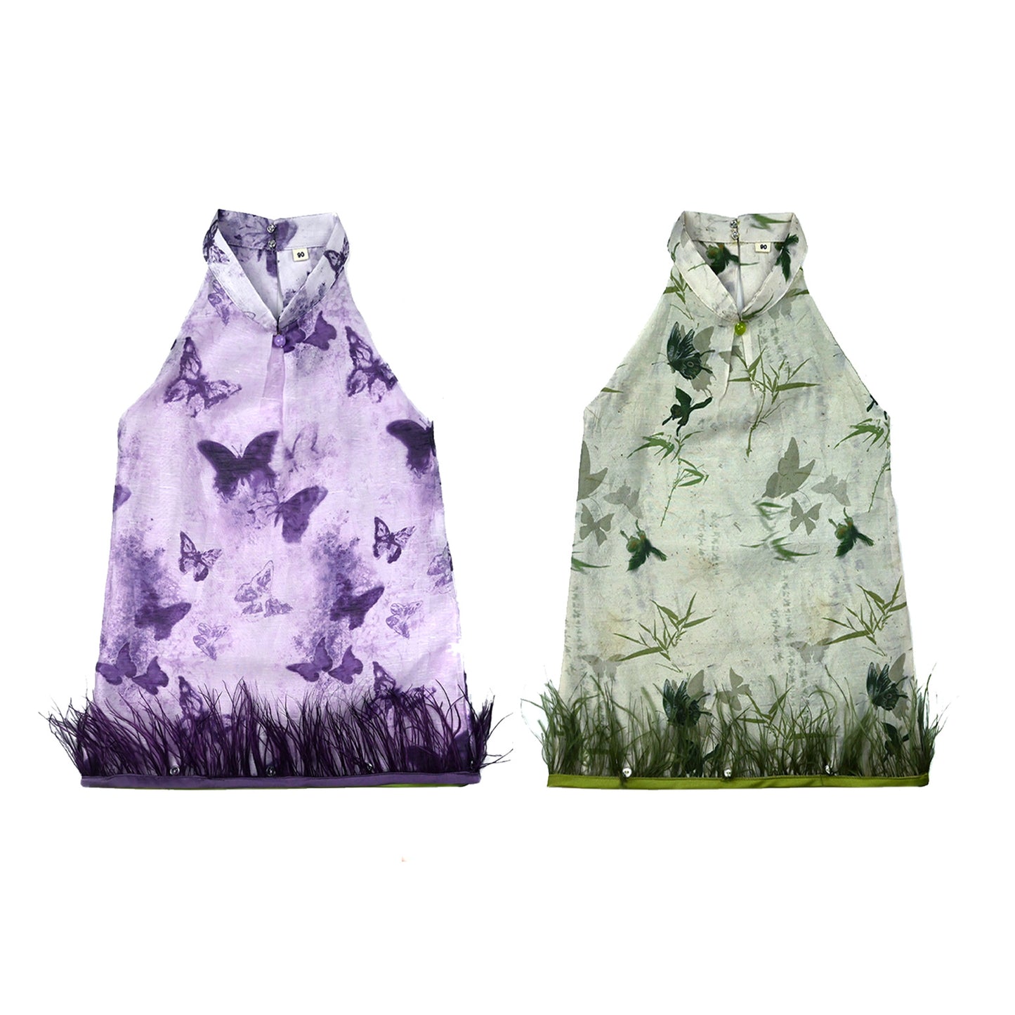 Girls Butterfly Ostrich Feather Halter Cheongsam Dress