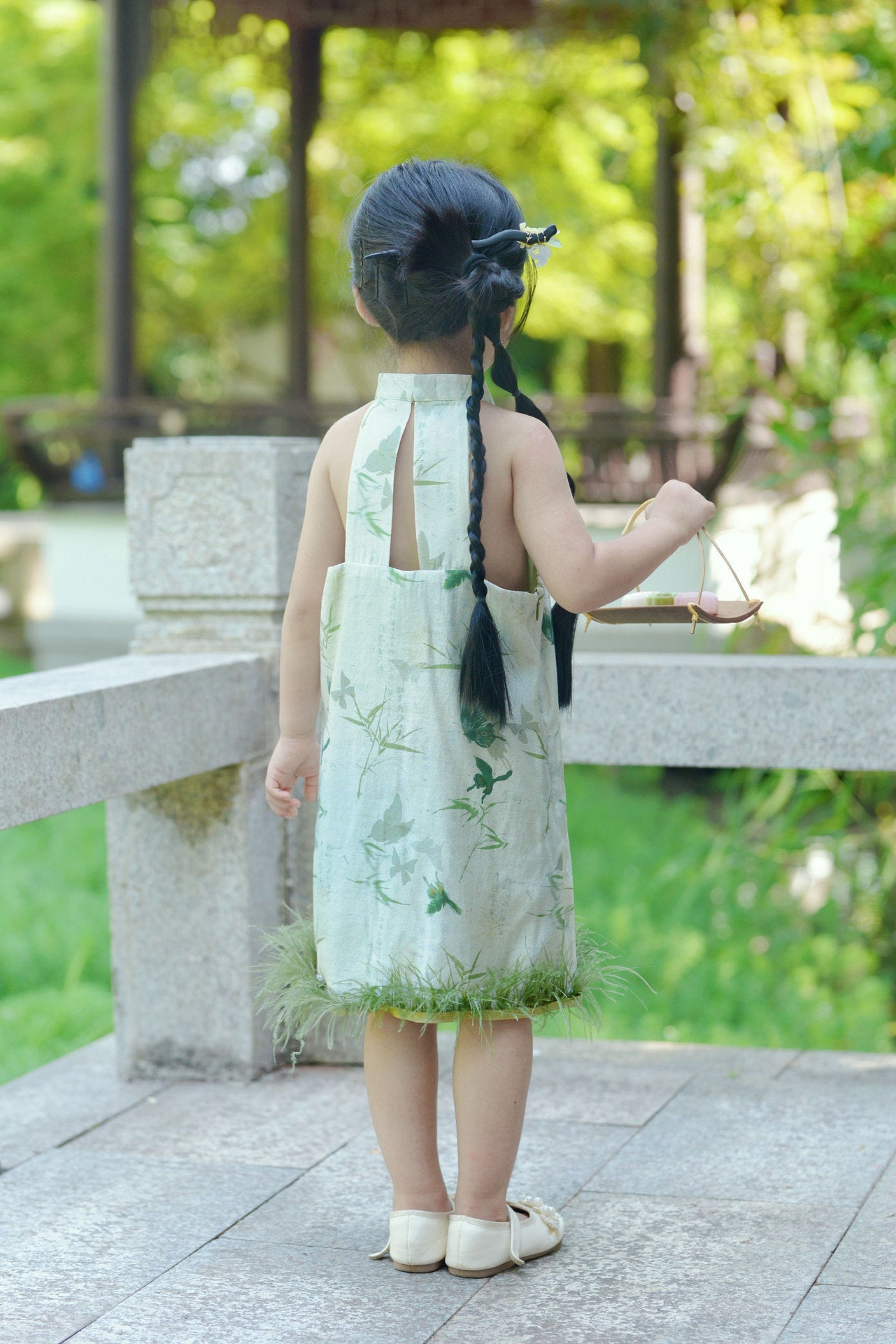 Girls Butterfly Ostrich Feather Halter Cheongsam Dress