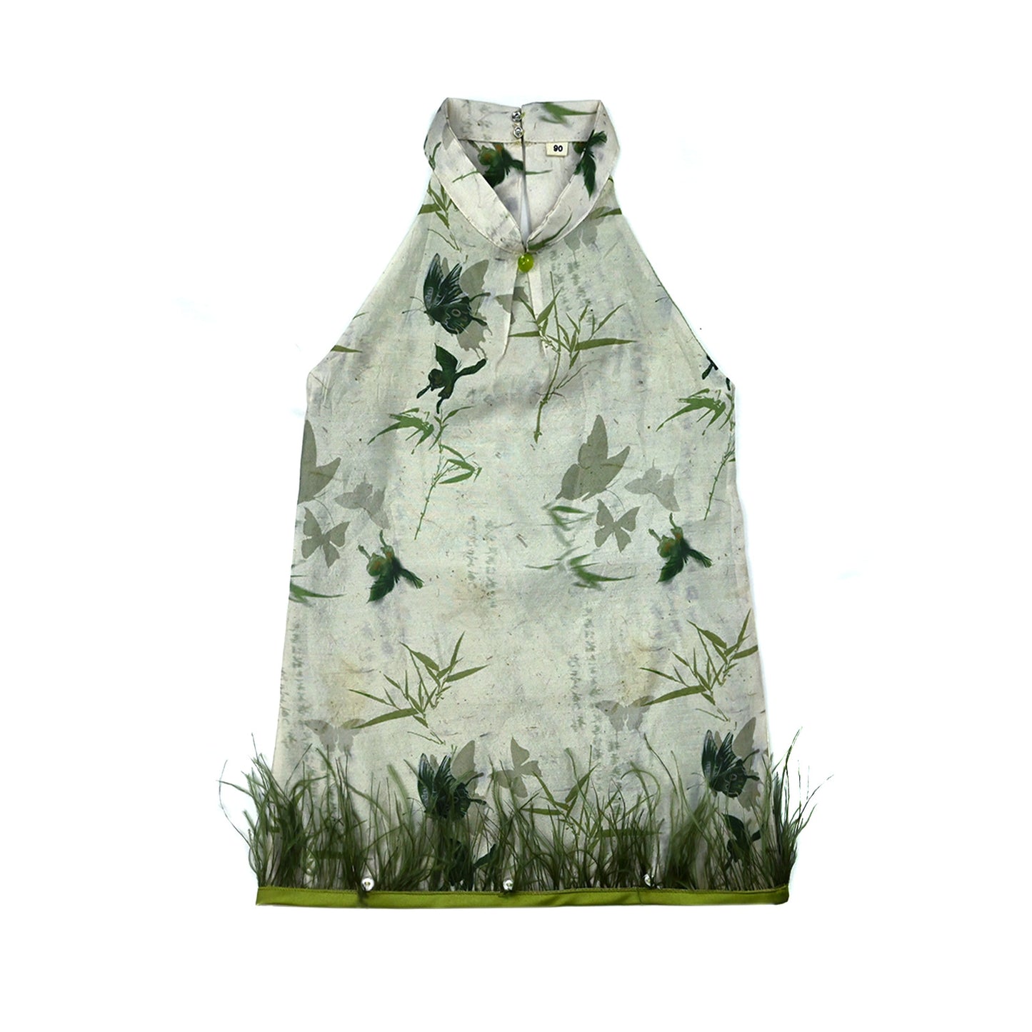 Girls Butterfly Ostrich Feather Halter Cheongsam Dress