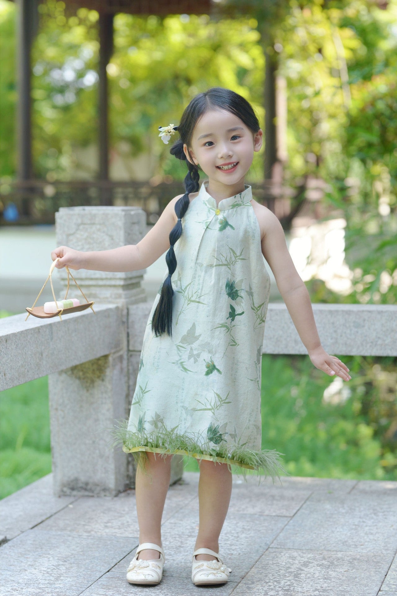 Girls Butterfly Ostrich Feather Halter Cheongsam Dress