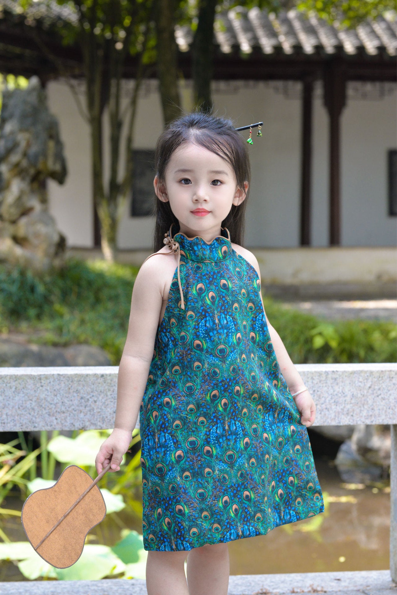 Girls Peacock Feather Halter Cheongsam