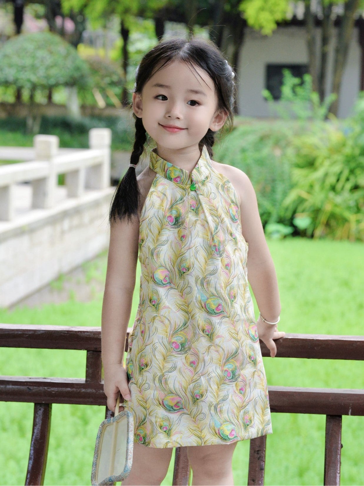 Girls Phoenix Feather Halter Cheongsam Dress