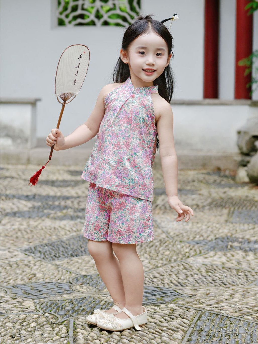 Girls Pink Bohemian Floral Cheongsam Set (Top & Shorts)