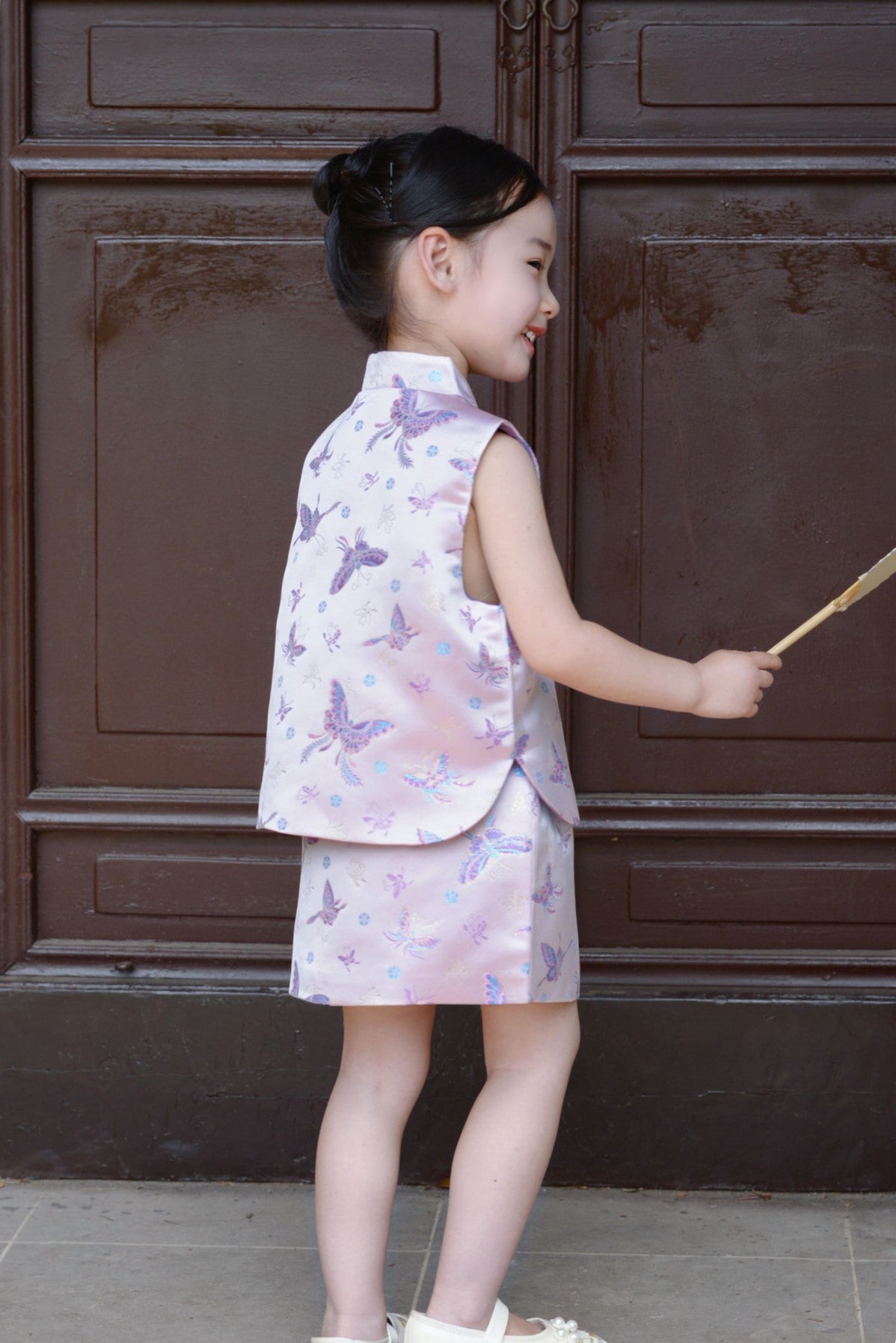 Girls Purple Butterfly Cheongsam Vest with Skirt
