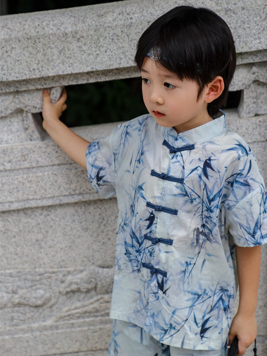 Boys Chinese Ink Bamboo Cheongsam Set (Top & Shorts)