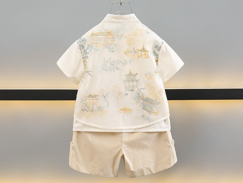 [PREORDER] Boys Beige Cheongsam with Embroidery Set (Top & Shorts)