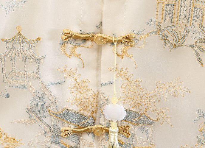 [PREORDER] Boys Beige Cheongsam with Embroidery Set (Top & Shorts)