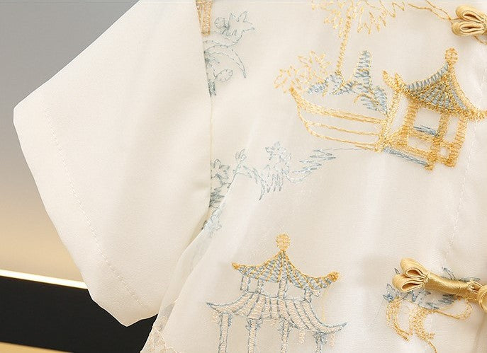 [PREORDER] Boys Beige Cheongsam with Embroidery Set (Top & Shorts)