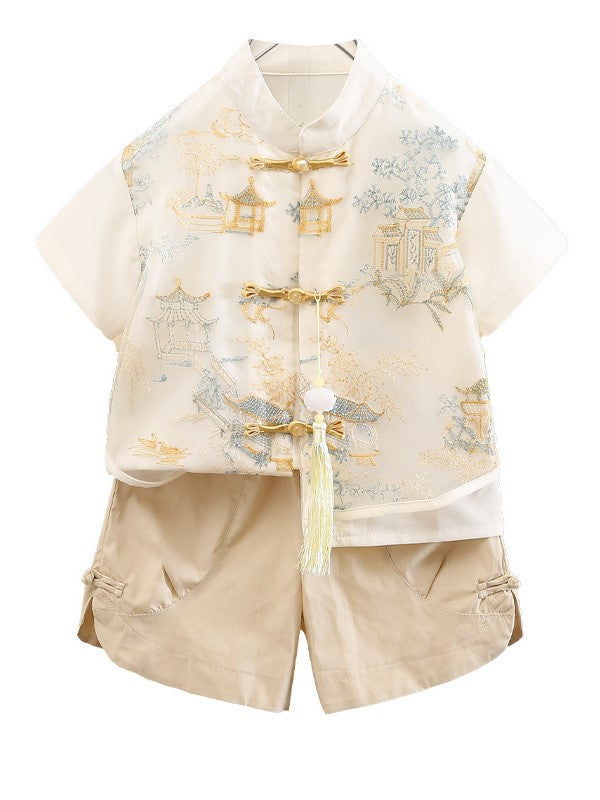 [PREORDER] Boys Beige Cheongsam with Embroidery Set (Top & Shorts)