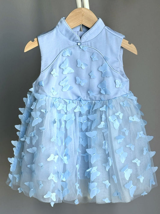 Girls Blue Butterfly Embroidered Cheongsam Dress