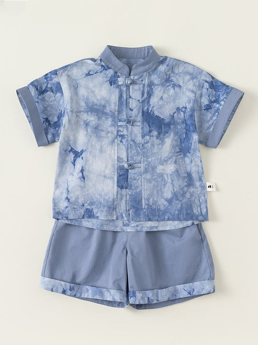 Boys Blue Water Print Cheongsam Set (Top & Shorts)