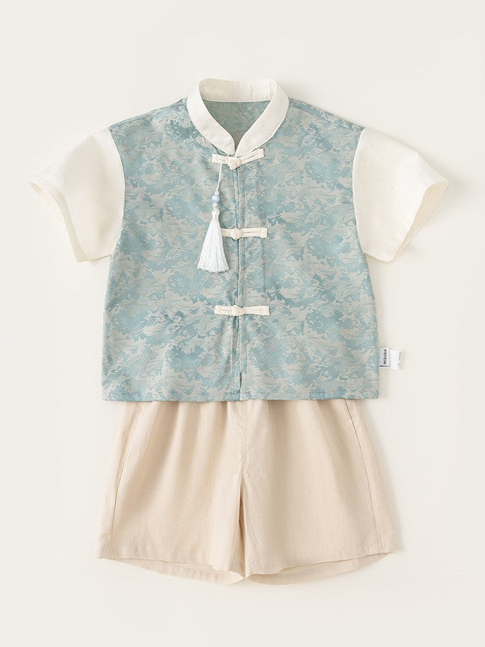 Boys Blue Wave Cheongsam Set (Top & Shorts)