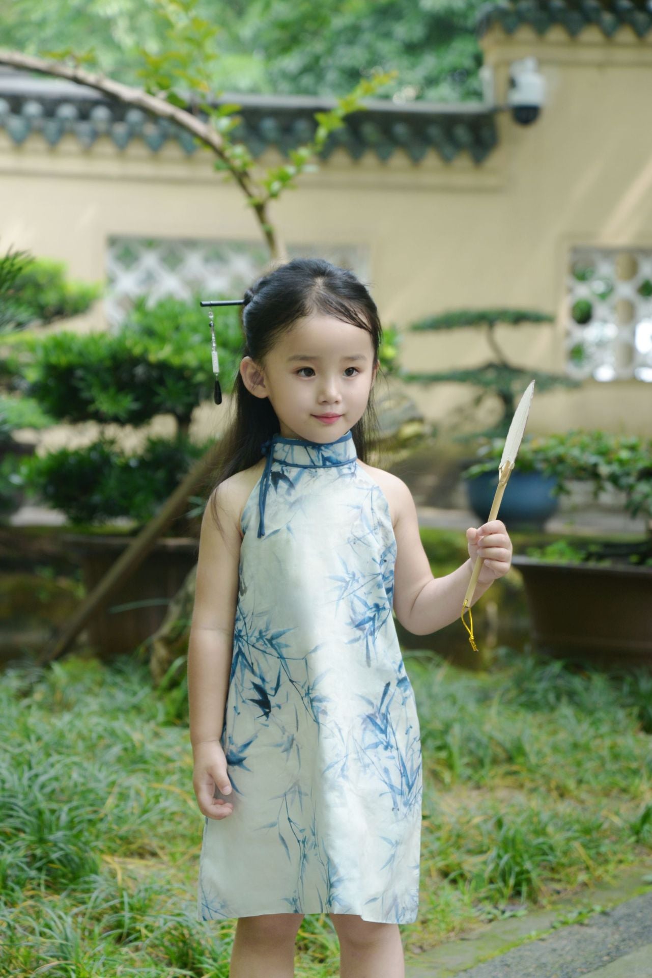 Girls Chinese Ink Bamboo Halter Cheongsam Dress