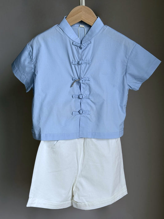 Boys Light Blue Cheongsam Set (Top & Shorts)