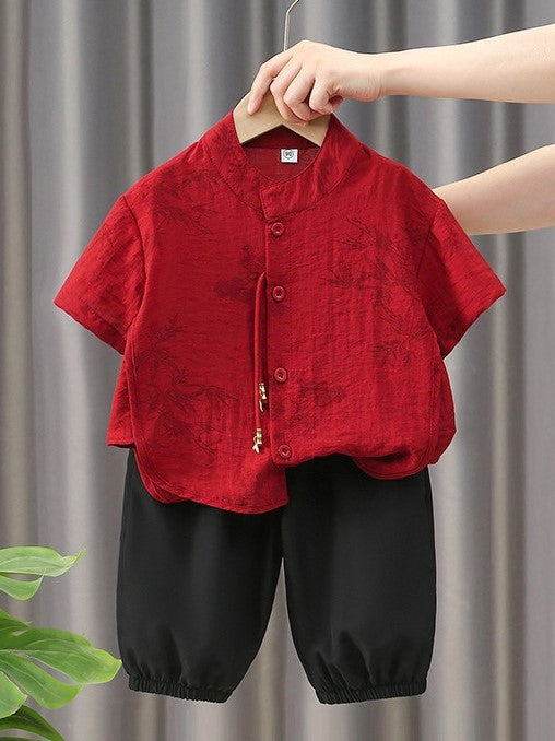 Boys Red Cheongsam Set (Top & Shorts)