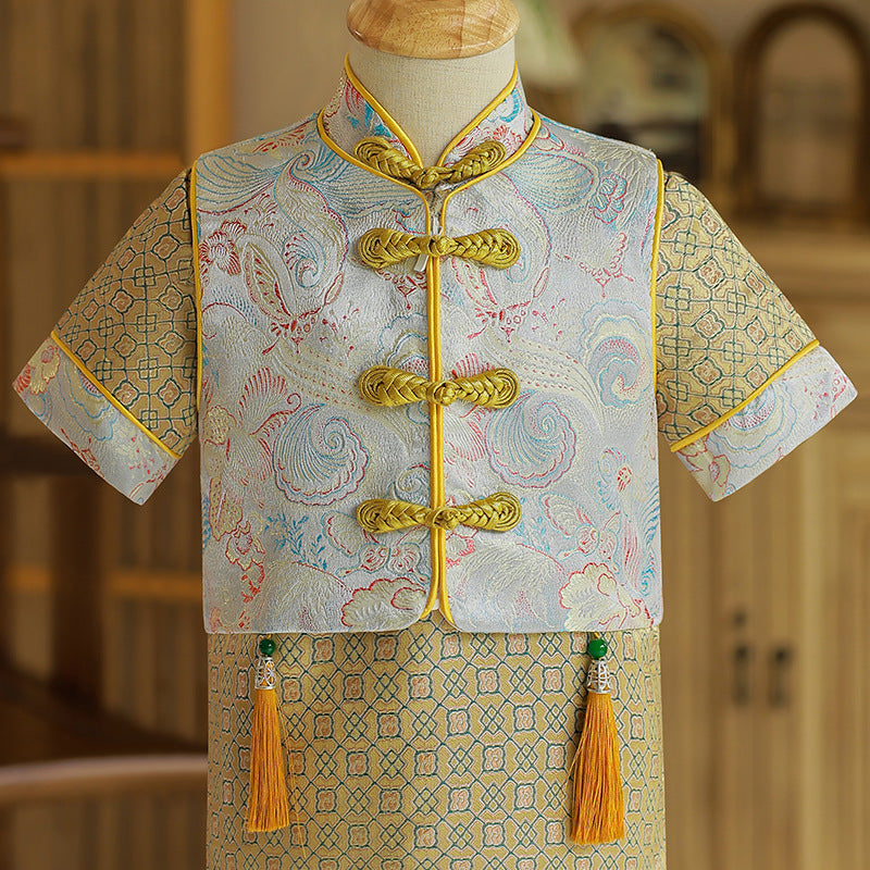 Boys Floral Cheongsam with Vest & Chinese Hat