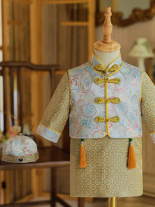 Boys Floral Cheongsam with Vest & Chinese Hat