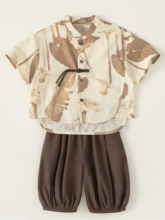 Boys Brown Cheongsam Set (Top & Shorts)