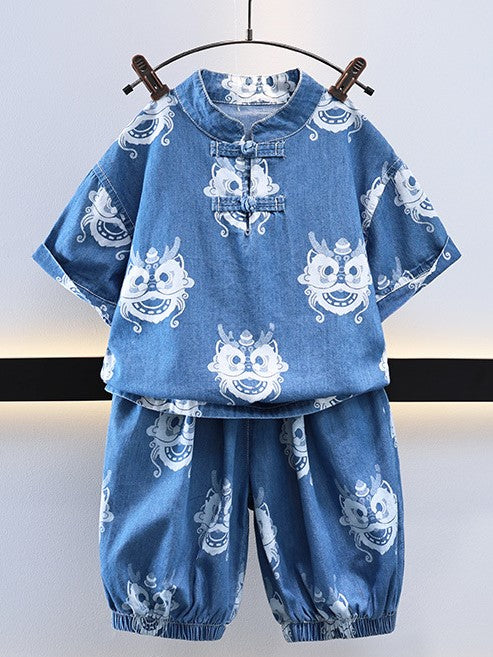 Boys Chinese Dragon Denim Cheongsam Set (Top & Shorts)