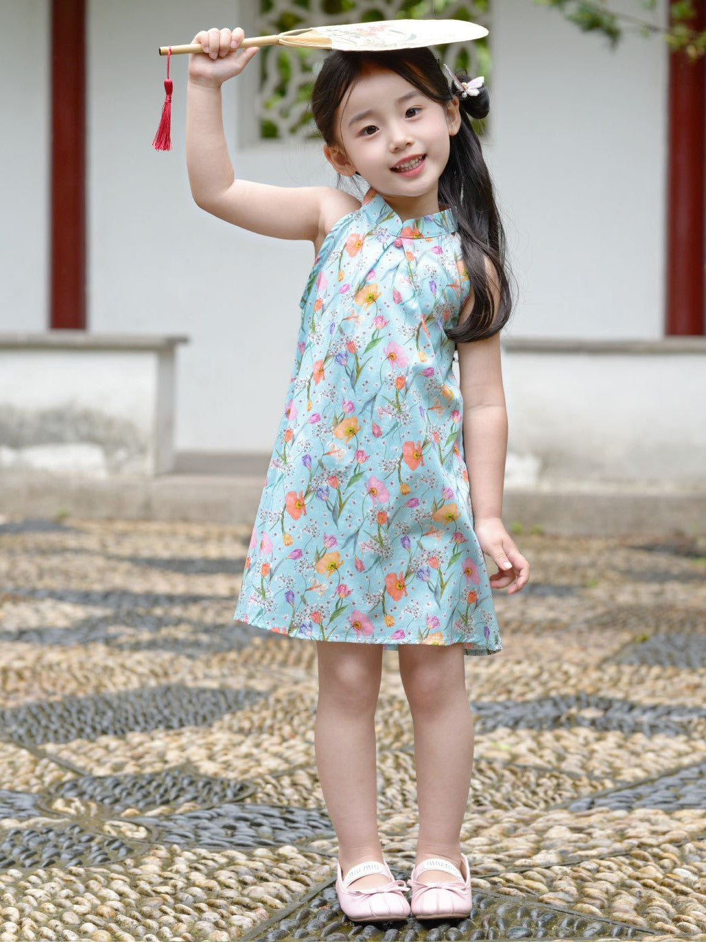 Girls Fresh Floral Print Halter Cheongsam Dress