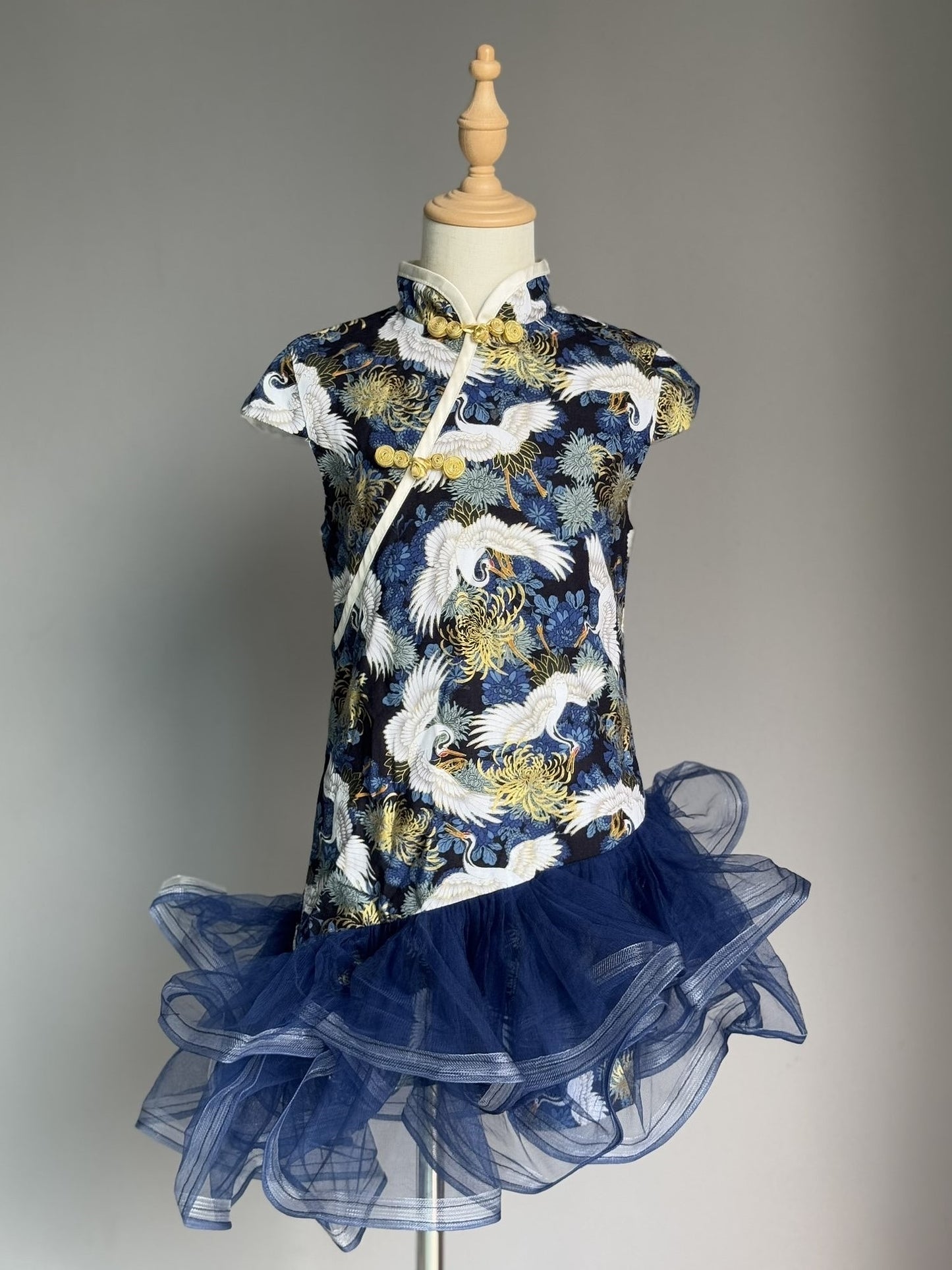 Girls Blue Cheongsam Wavy Dress