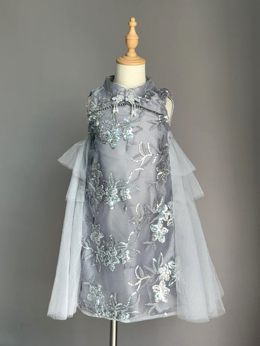 Girls Grey Sleeveless Cheongsam Tulle Dress with Sequin