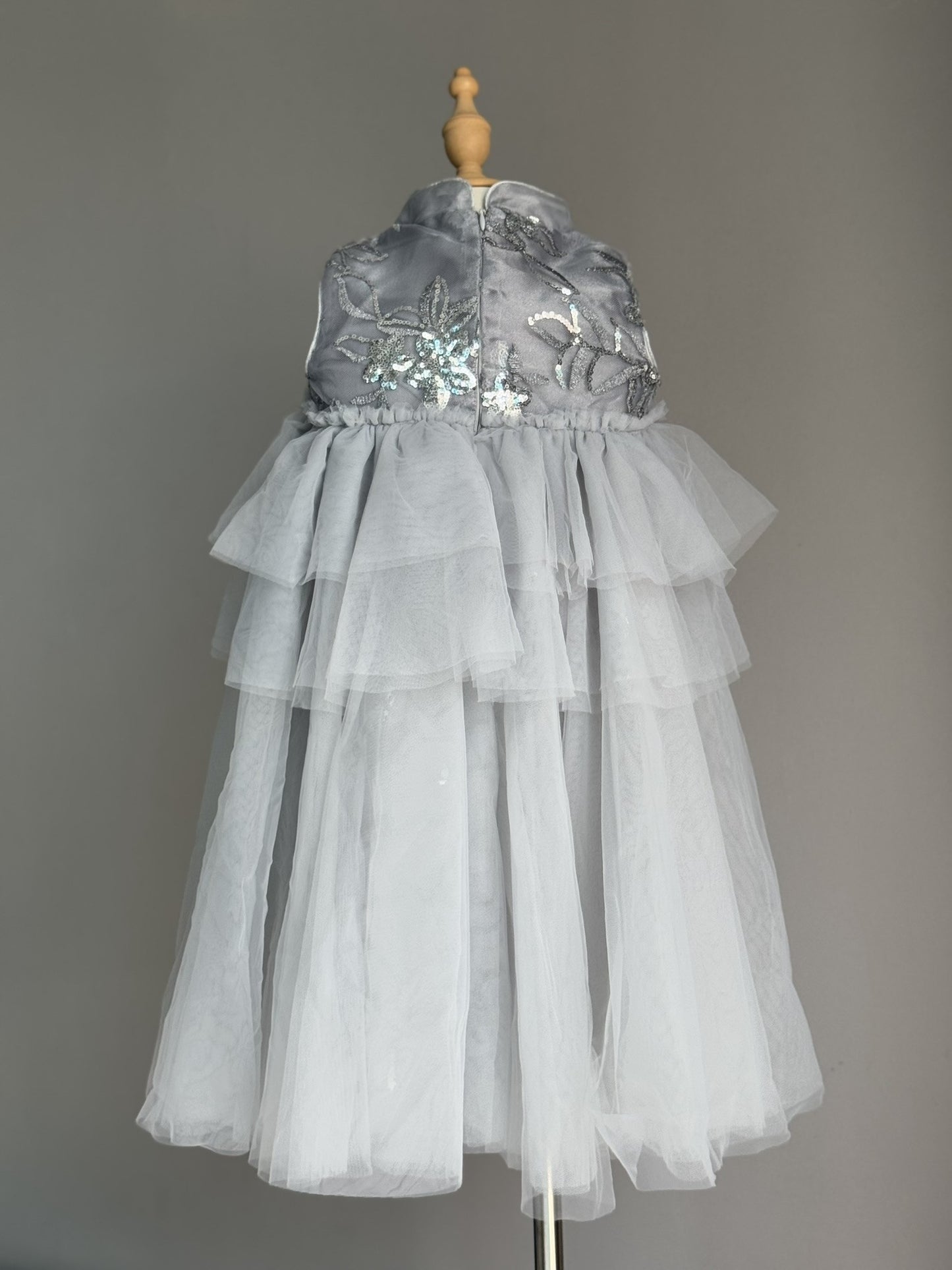 Girls Grey Sleeveless Cheongsam Tulle Dress with Sequin
