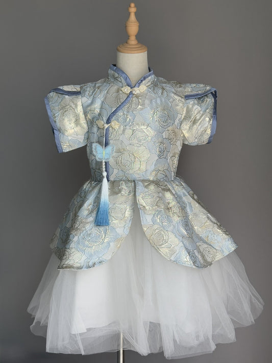 Girls Light Blue Flower Cheongsam Tulle Dress