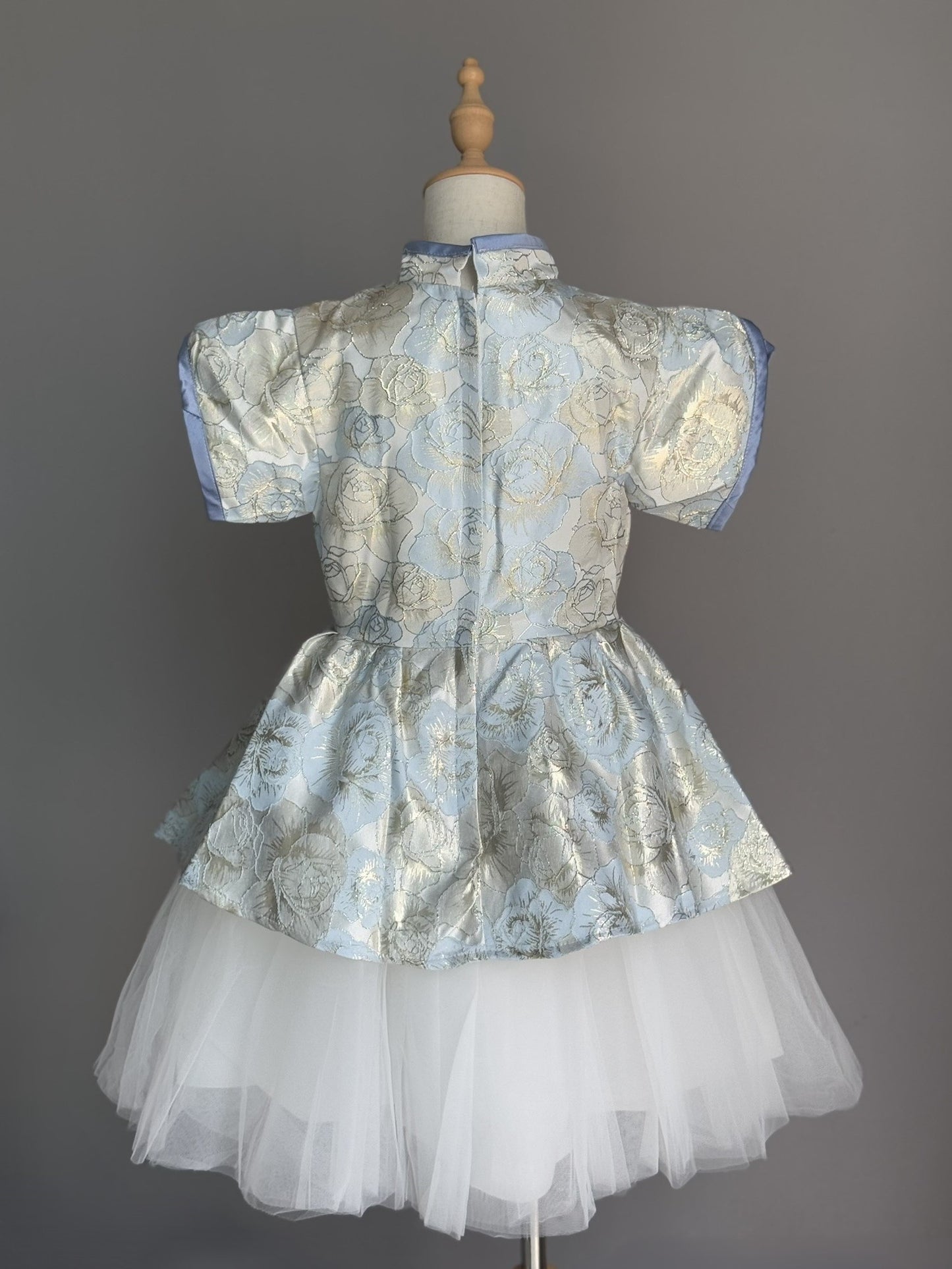 Girls Light Blue Flower Cheongsam Tulle Dress